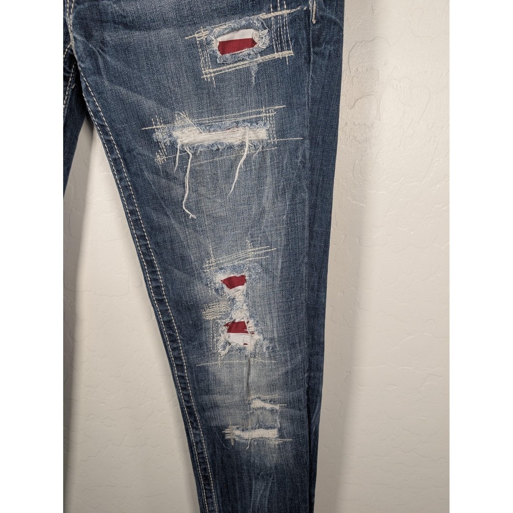 Miss Me Distressed Skinny Jeans in Dark Blue with Red Patch Accents - Picture 7 of 16